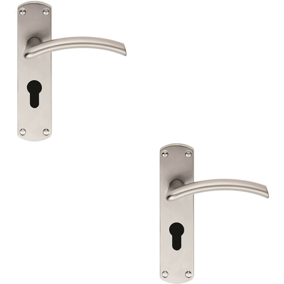 2x Arched Lever on Euro Lock Backplate Door Handle 170 x 42mm Satin Chrome