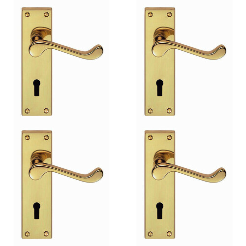 Loops 4x PAIR Victorian Scroll Handle on Lock Backplate 150 x 43mm Polished Brass