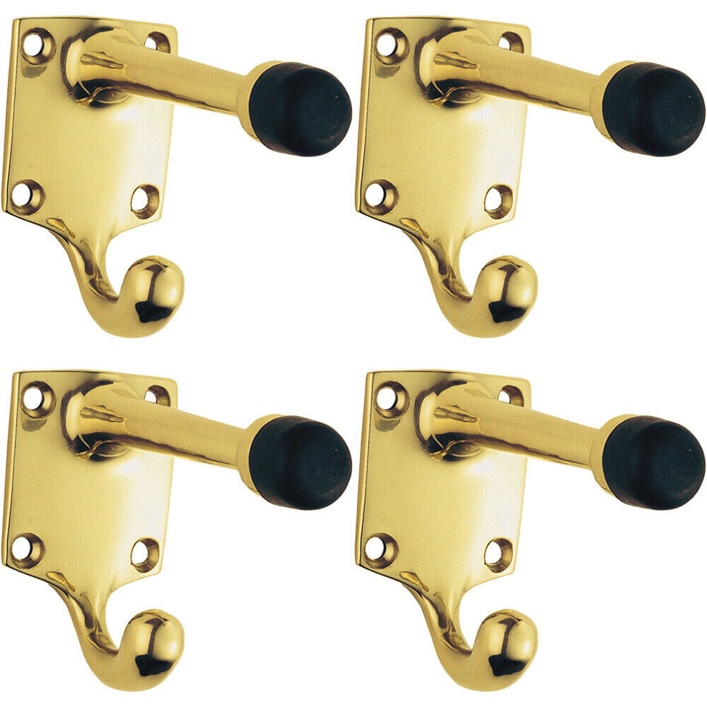 4x One Piece Hat & Coat Hook with Rubber Buffer 88mm Projection Polished Brass