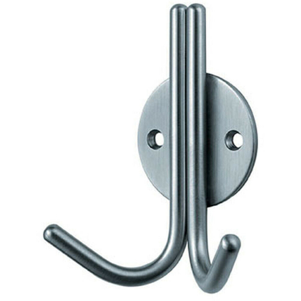 Slimline Double Coat Hook on Round Rose 35mm Projection Satin Stainless Steel