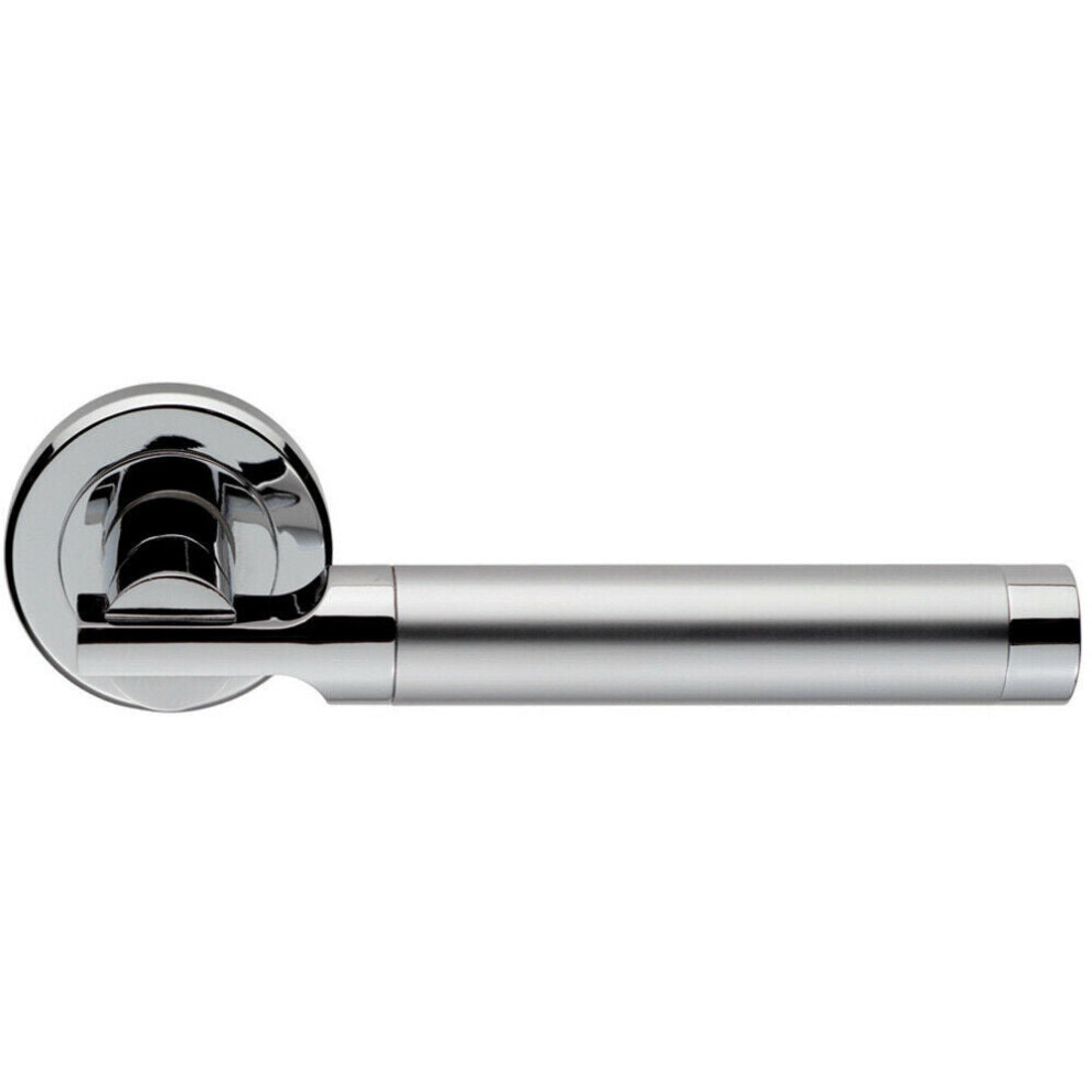 Pair Round Bar Handle On Chamfered Edged Round Rose Satin & Polished Chrome