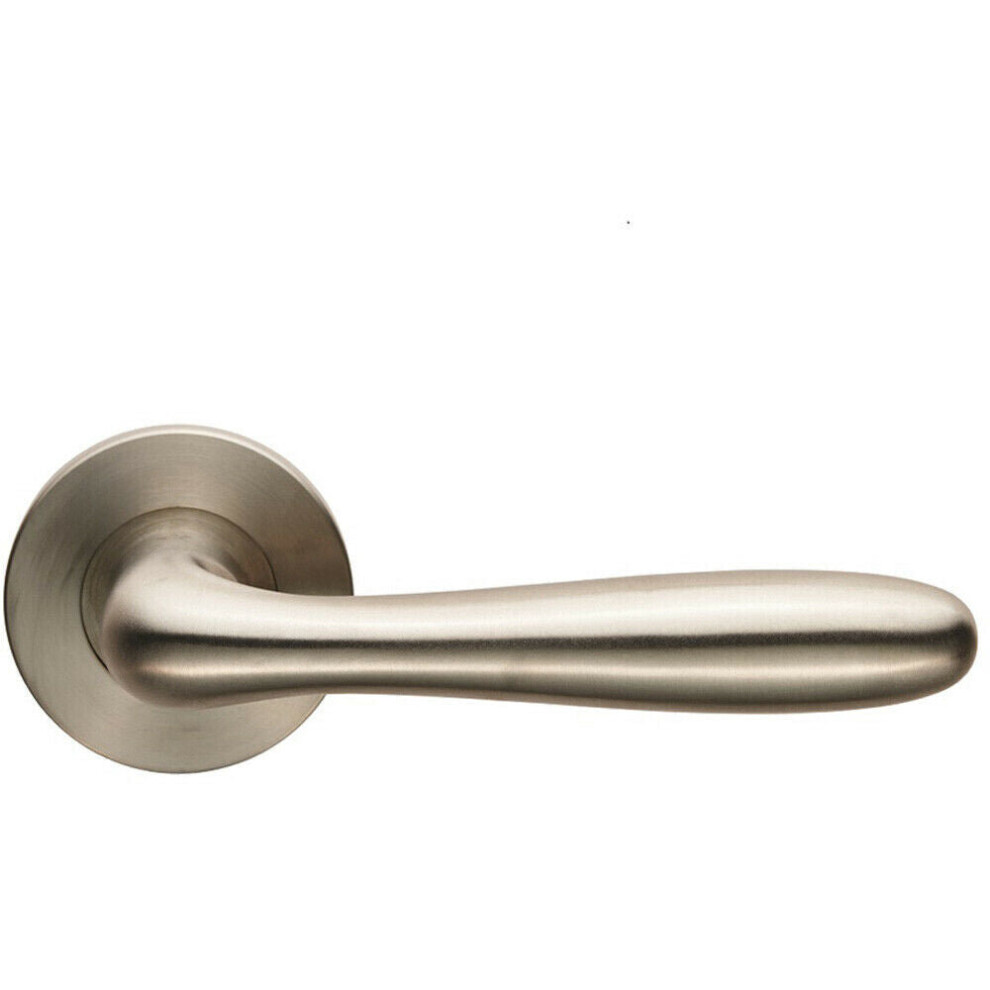 Pair Smooth Rounded Bar Handle On Slim Round Rose Concealed Fix Satin Steel 5056492574593
