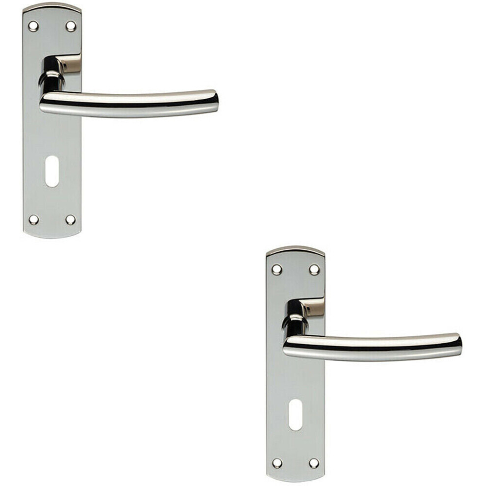 2x Curved Bar Lever Door Handle on Lock Backplate 172 x 44mm Polished Steel