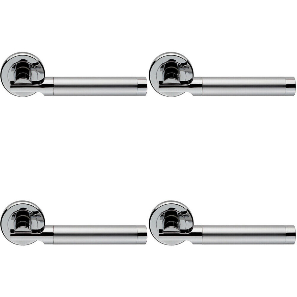 4X Pair Round Bar Handle On Chamfered Edged Round Rose Satin & Polished Chrome