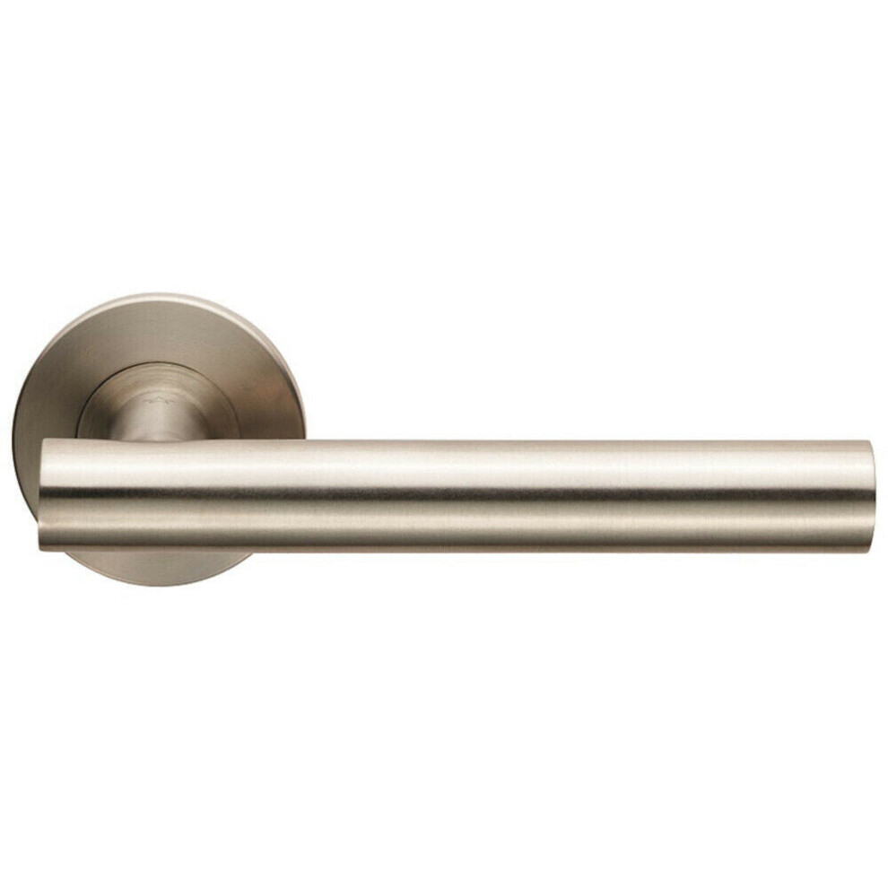 PAIR Straight Round T Bar Lever on Slim Round Rose Concealed Fix Satin Steel