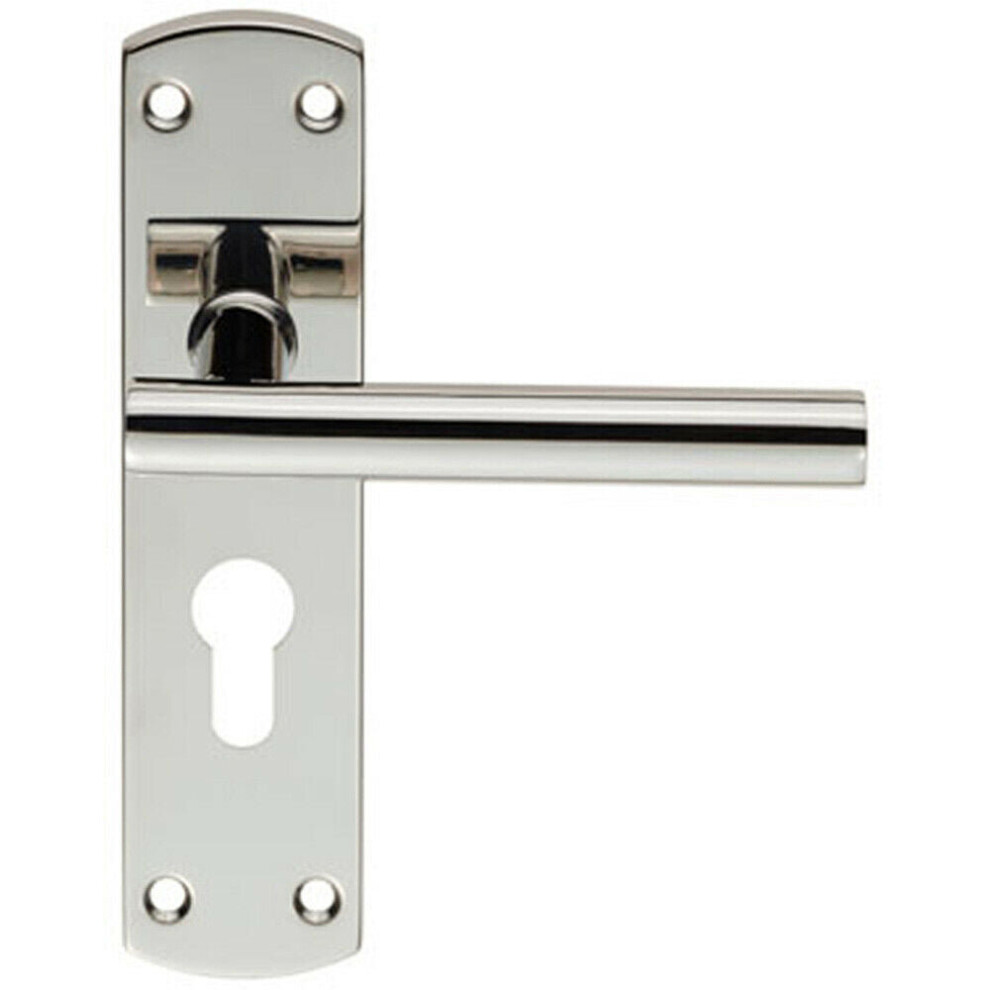 Mitred T Bar Lever Door Handle on Euro Lock Backplate 172 x 44mm Polished Steel