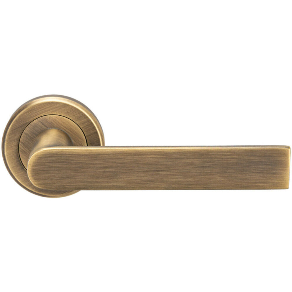 PAIR Flat Rectangular Bar Handle on Round Rose Concealed Fix Antique Brass