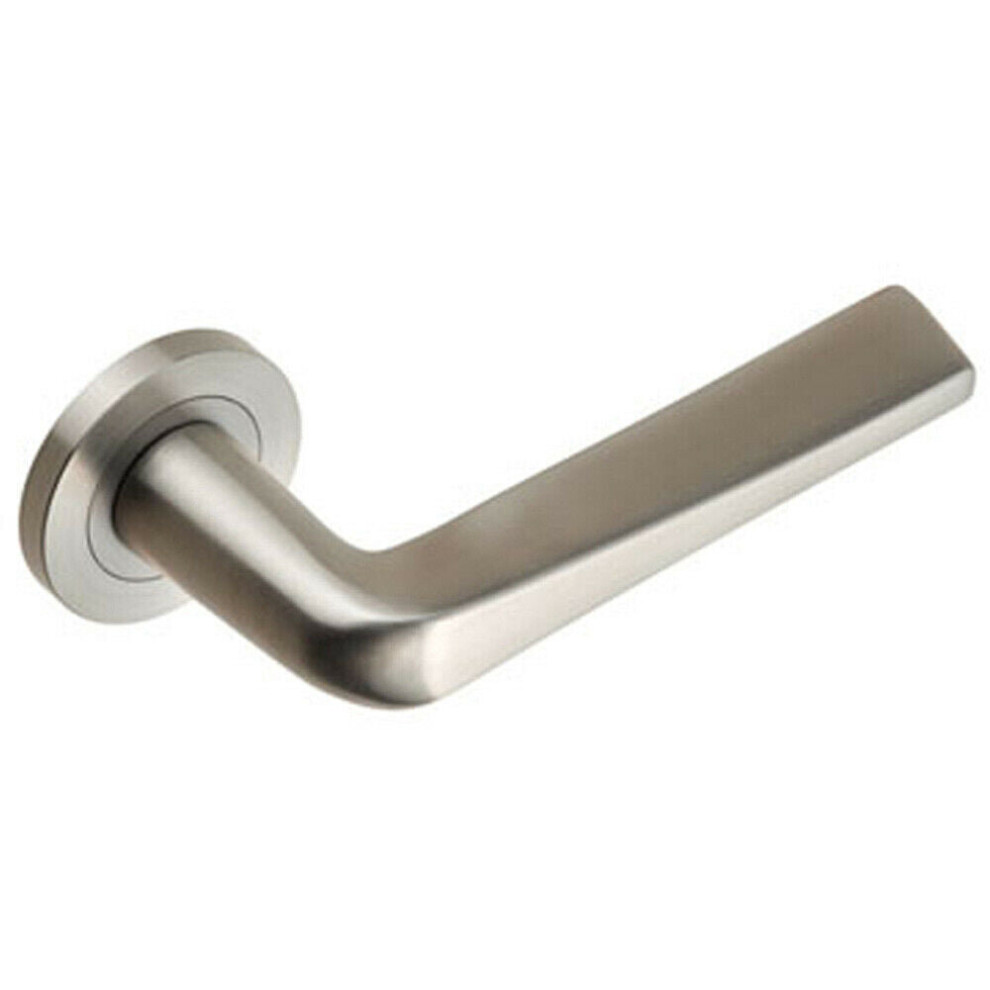 Pair Chunky Flat Tapered Bar Handle On Round Rose Concealed Fix Satin Steel 5056492578256