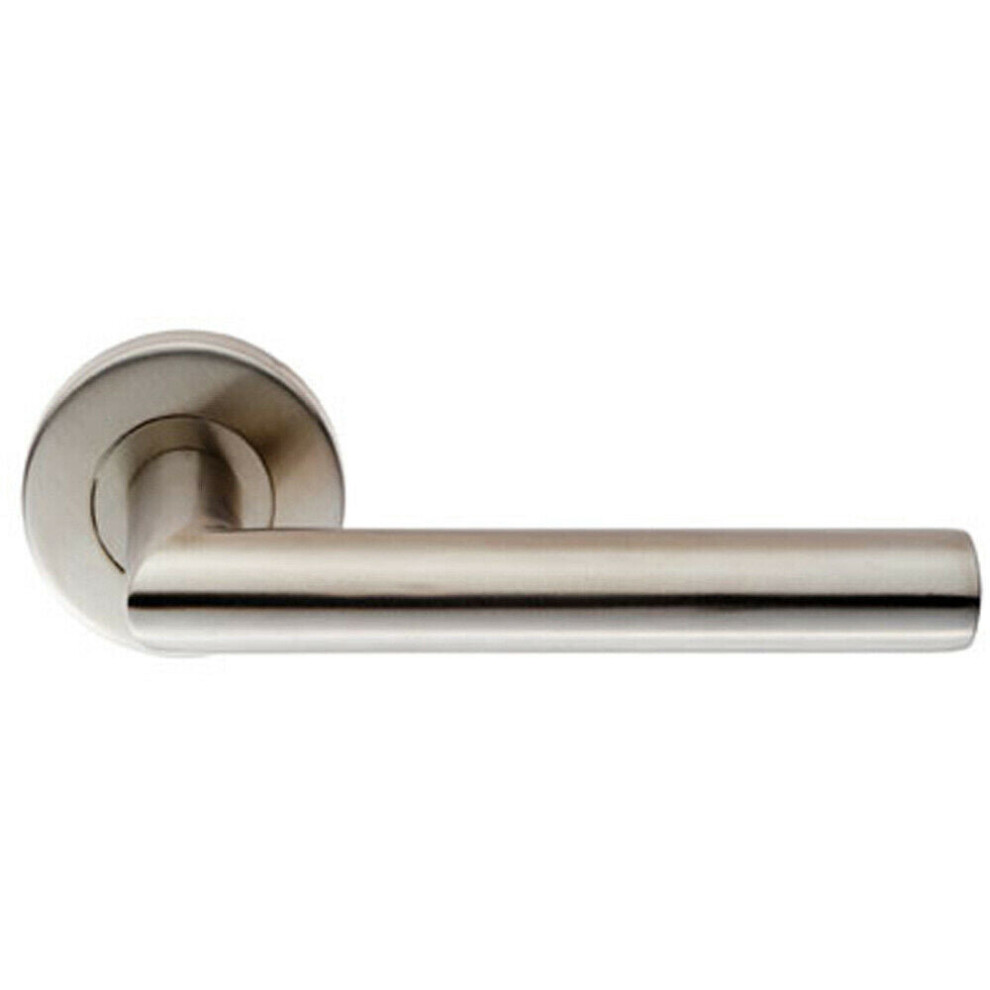Pair Oval Shaped Mitred Bar Handle On Round Rose Concealed Fix Satin Steel 5056492570236