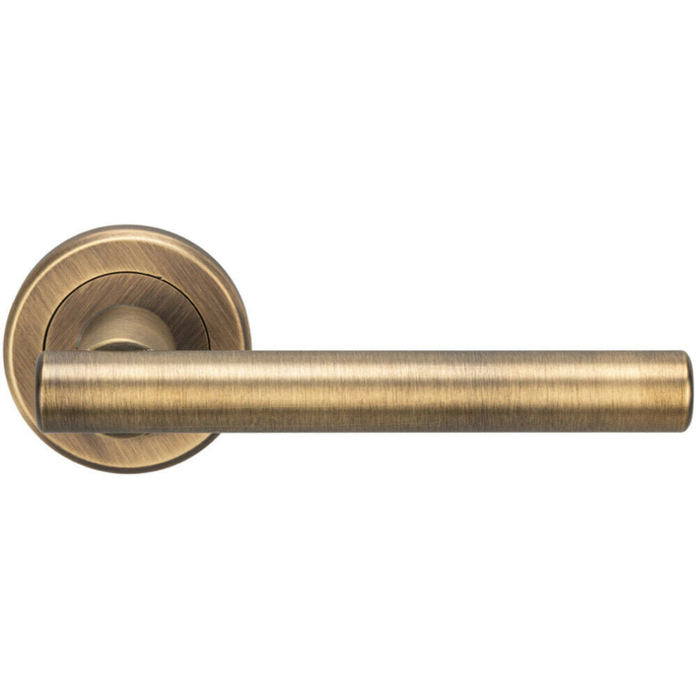 Pair Straight T Bar Handle On Round Rose Concealed Fix Antique Brass