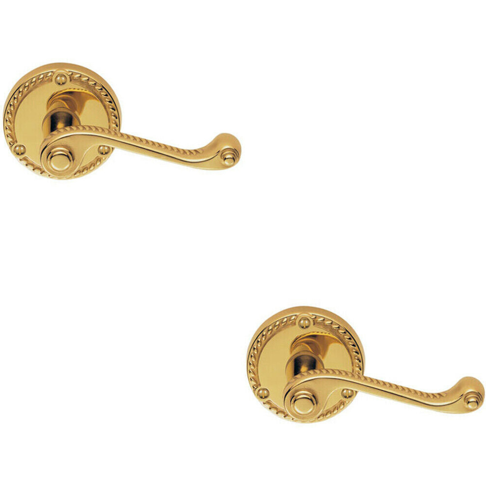 2X Pair Georgian Scroll Handle On Round Rose Rope Design Pattern Polished Brass 5056492595659