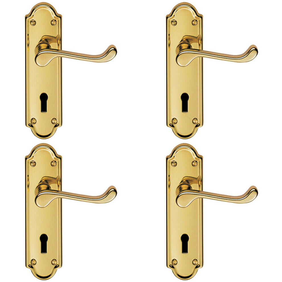 4x PAIR Victorian Upturned Handle on Lock Backplate 168 x 47mm Polished Brass
