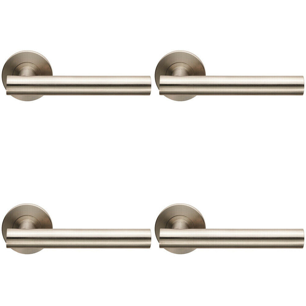 4x PAIR Straight Round T Bar Lever on Slim Round Rose Concealed Fix Satin Steel