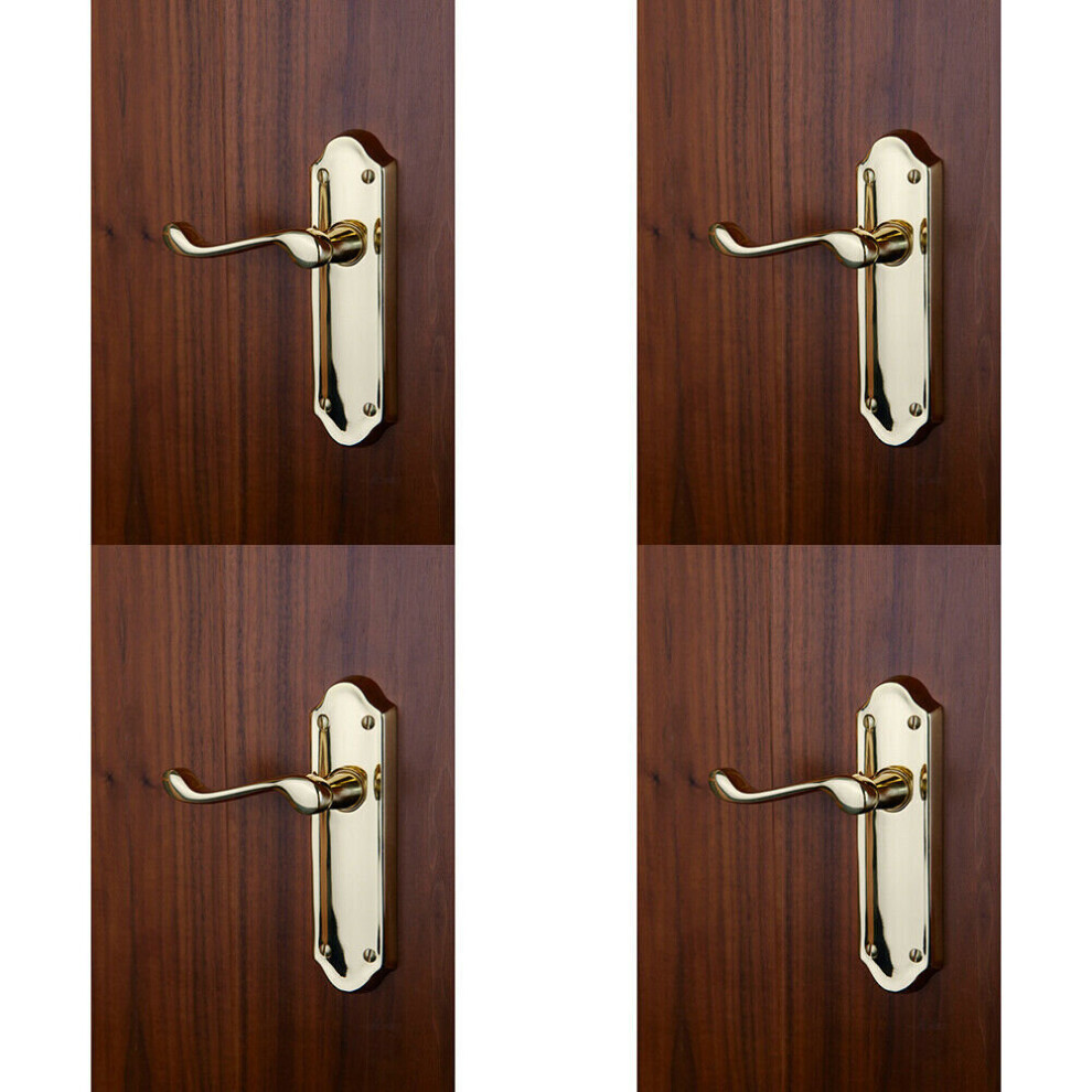 4x PAIR Victorian Upturned Handle on Latch Backplate 168 x 47mm Polished Brass