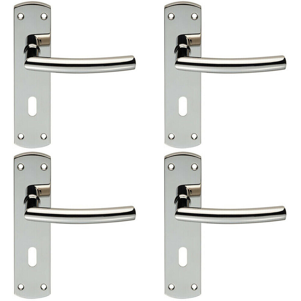 4x Curved Bar Lever Door Handle on Lock Backplate 172 x 44mm Polished Steel