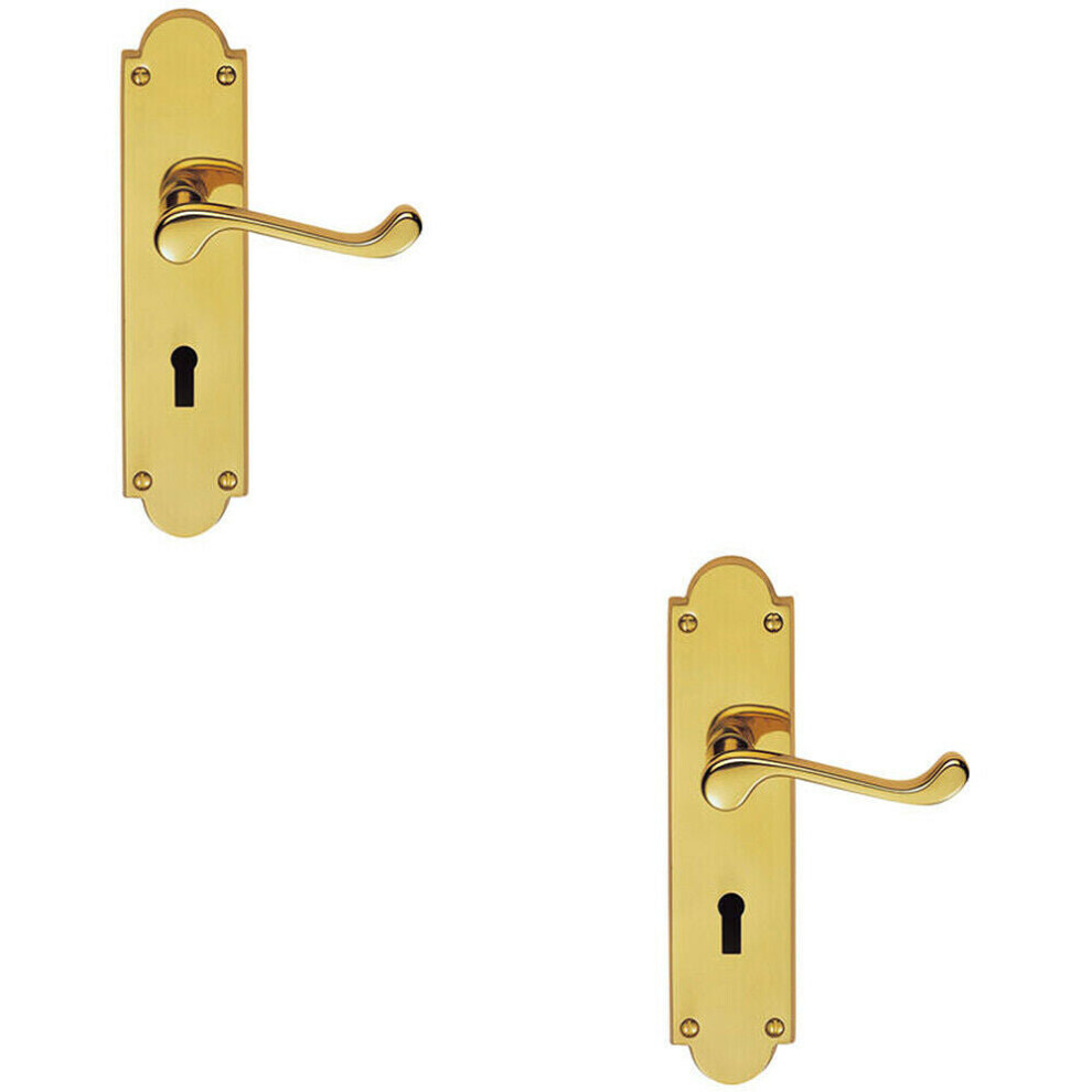 2x PAIR Victorian Scroll Handle on Lock Backplate 205 x 49mm Polished Brass