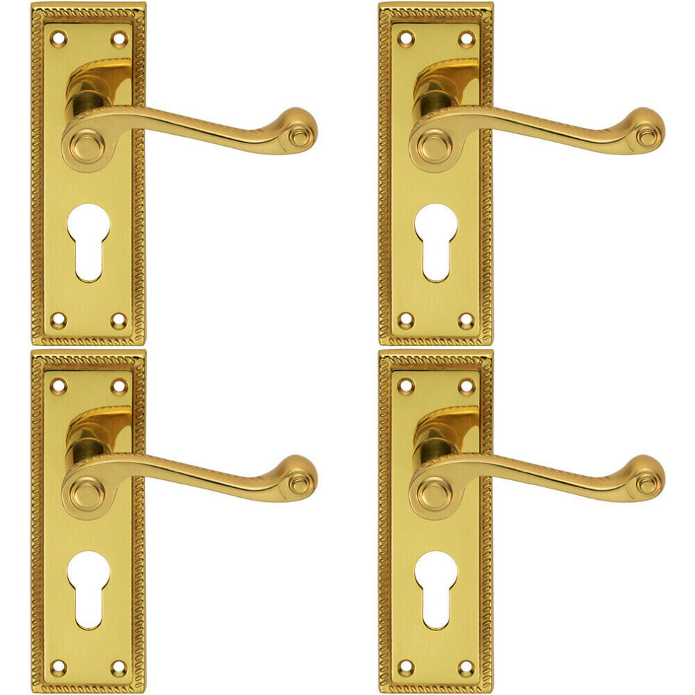 4x PAIR Reeded Design Scroll Lever on Euro Lock Backplate 150 x 48mm Brass