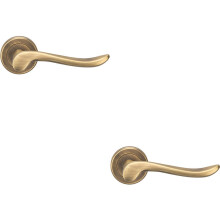 2x PAIR Scroll Shaped Lever Handle on Round Rose Concealed Fix Antique Brass