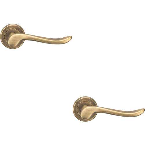 Loops 2x PAIR Scroll Shaped Lever Handle on Round Rose Concealed Fix Antique Brass