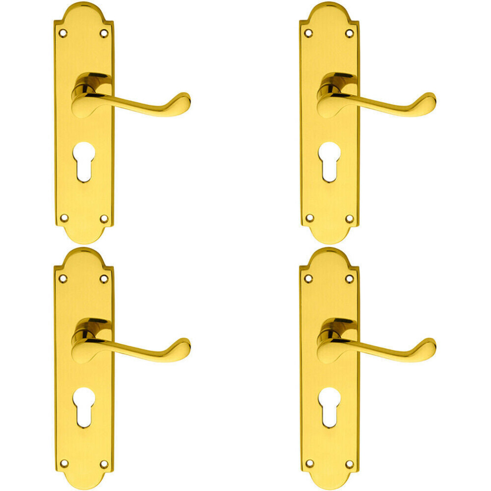 4x PAIR Victorian Scroll Lever on Euro Lock Backplate 205 x 49mm Polished Brass