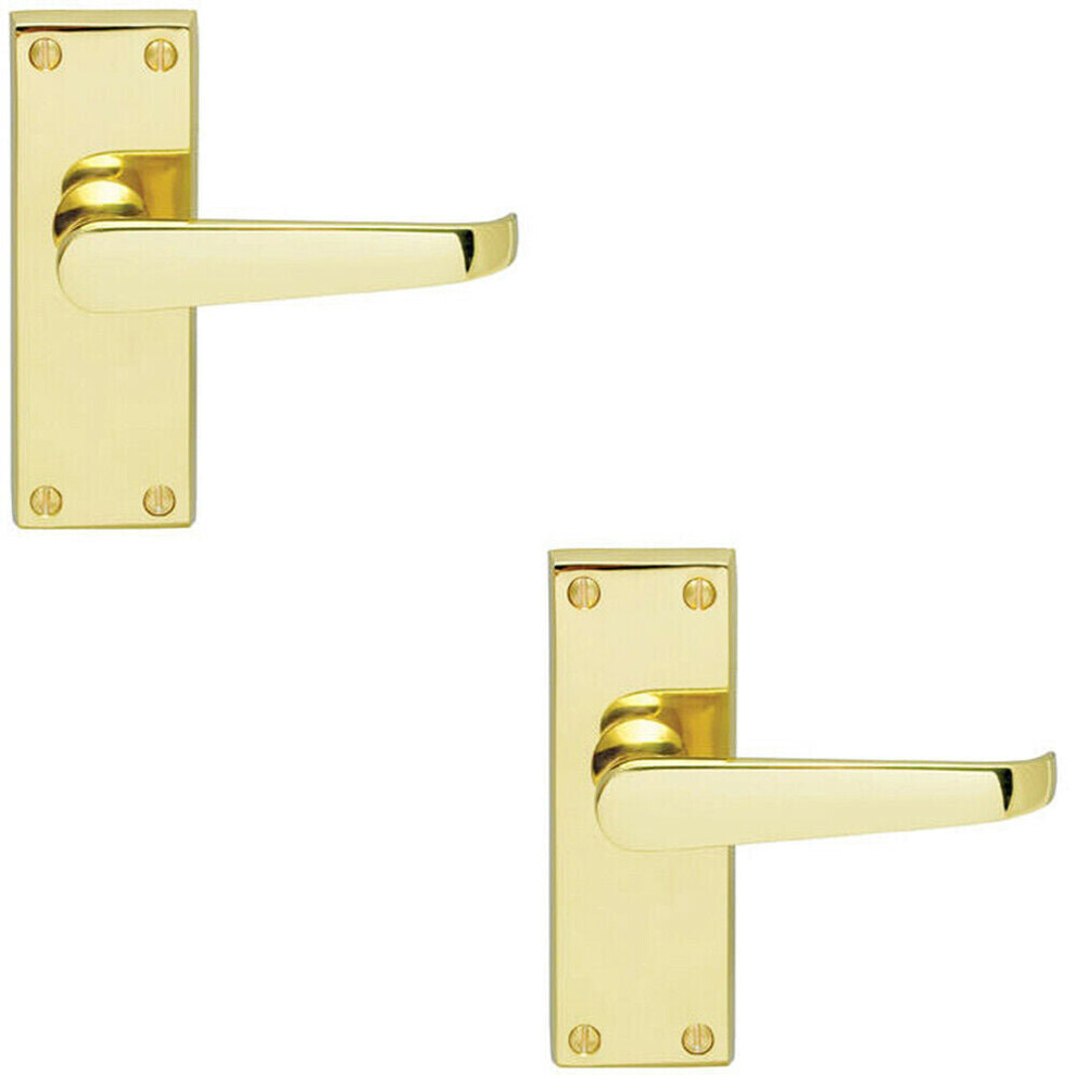 Loops 2X Straight Victorian Lever On Rectangular Latch Backplate Handle Polished Brass