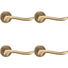 4x PAIR Scroll Shaped Lever Handle on Round Rose Concealed Fix Antique Brass