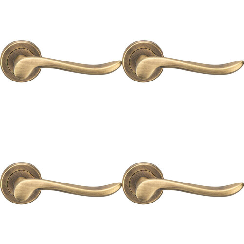 Loops 4x PAIR Scroll Shaped Lever Handle on Round Rose Concealed Fix Antique Brass