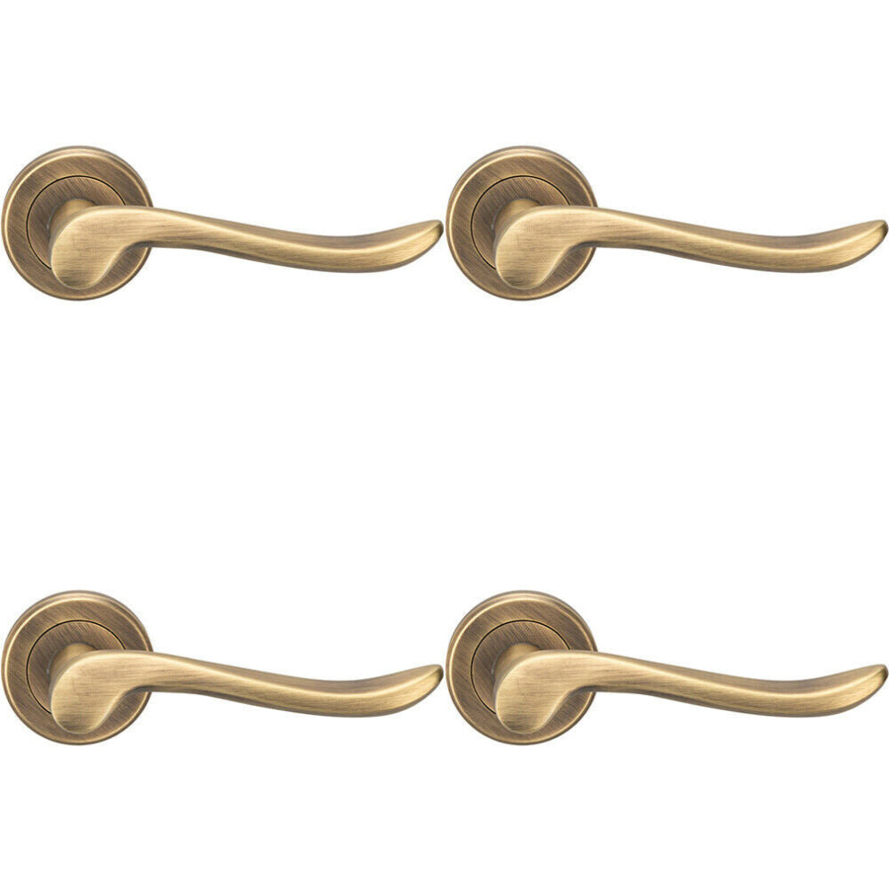 4X Pair Scroll Shaped Lever Handle On Round Rose Concealed Fix Antique Brass 5056524207734