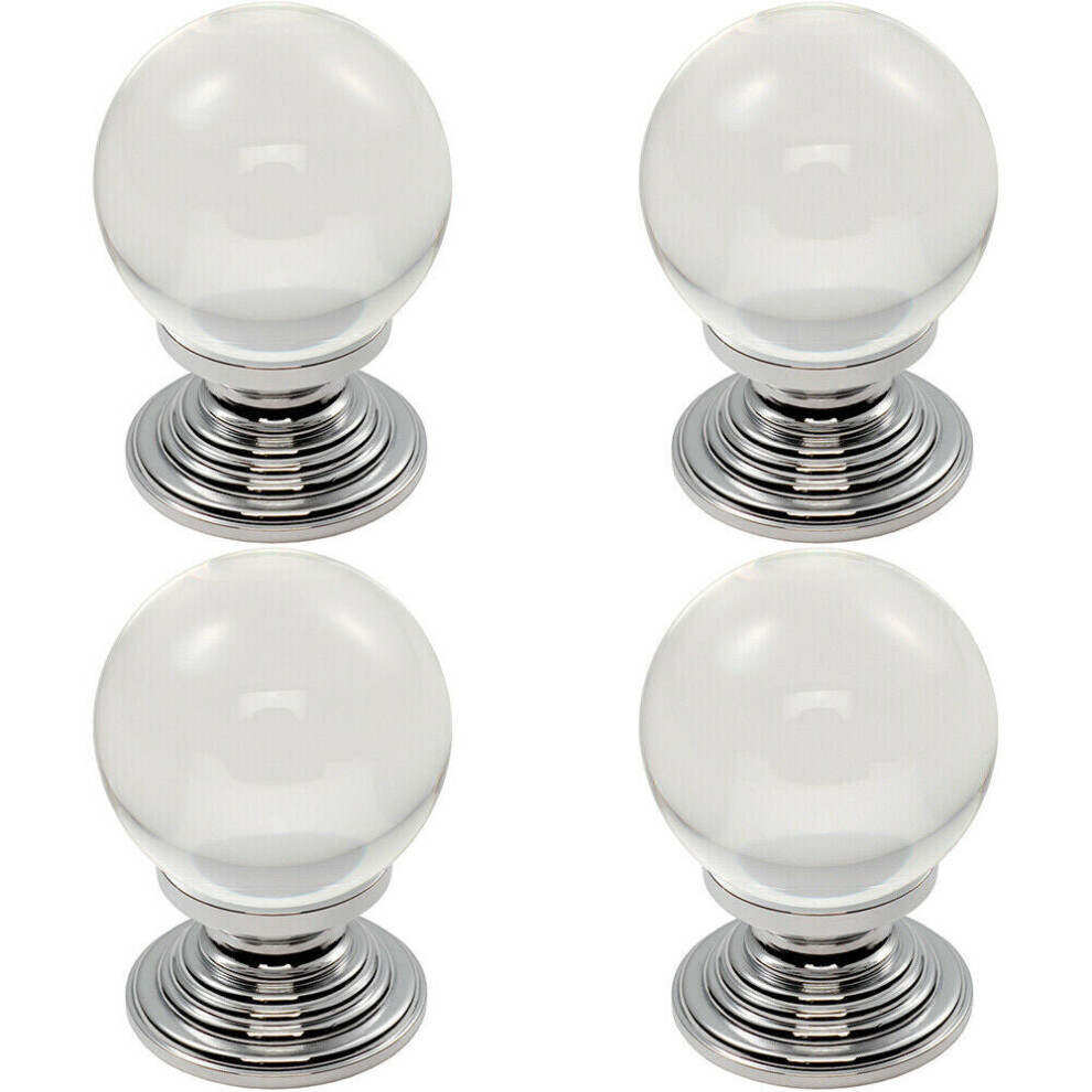 4x Crystal Ball Cupboard Door Knob 34mm Diameter Clear Translucent & Chrome