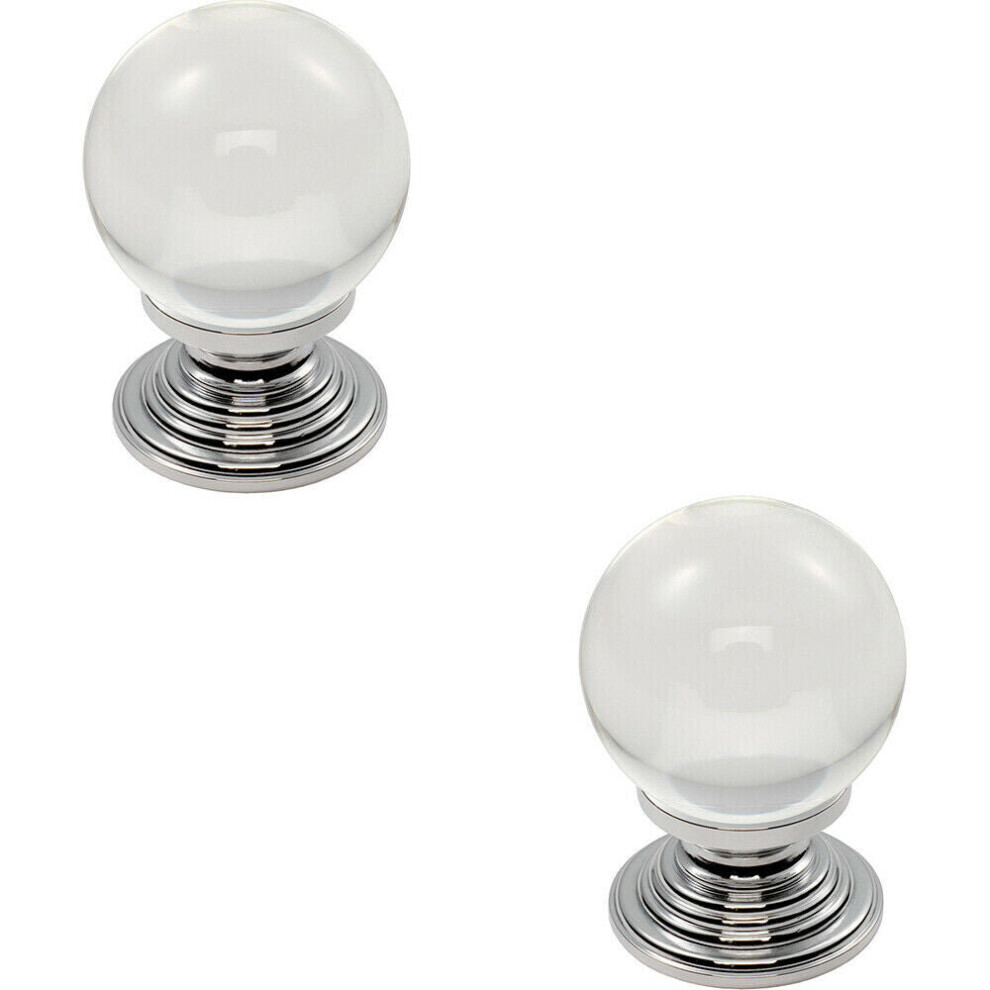 2x Crystal Ball Cupboard Door Knob 30mm Diameter Clear Translucent & Chrome