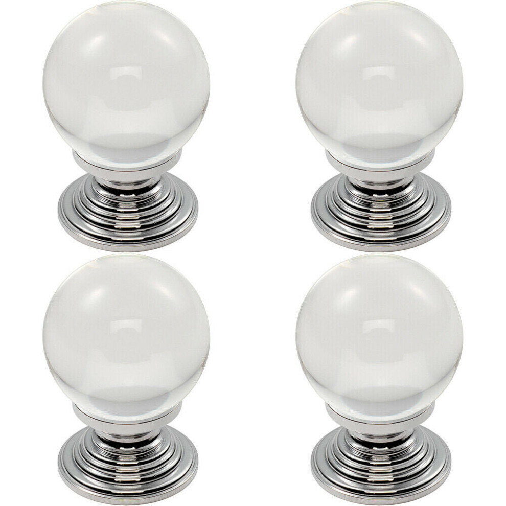 4x Crystal Ball Cupboard Door Knob 30mm Diameter Clear Translucent & Chrome