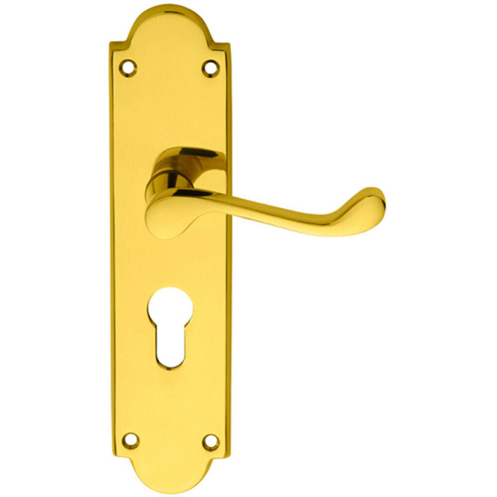 PAIR Victorian Scroll Lever on Euro Lock Backplate - 205 x 49mm - Polished Brass | Traditional Lever on Backplate Door Handle - Internal Door Hardware - Lock, Euro, Oval and Latch Options Available - Image 2