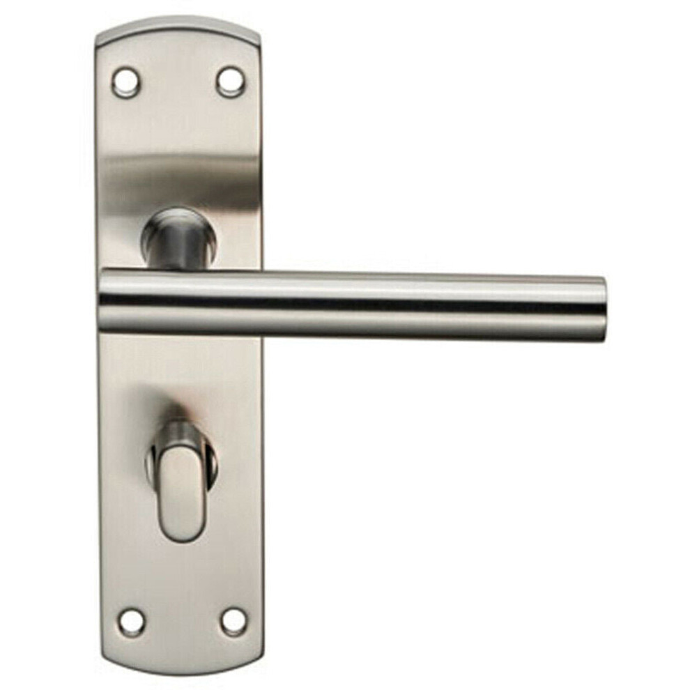 Mitred T Bar Lever on Bathroom Backplate Handle Thumbturn Lock Satin Steel