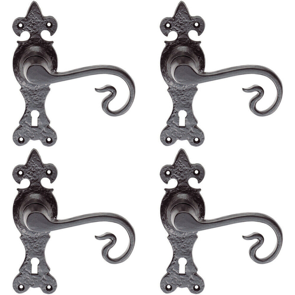 4x PAIR Forged Curled Lever Handle on Lock Backplate 167 x 51mm Black Antique