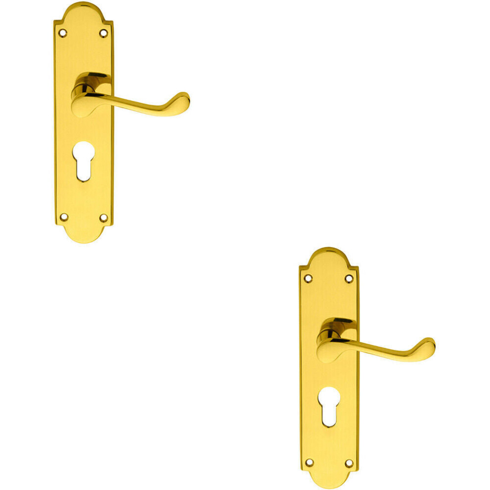 2X Pair Victorian Scroll Lever On Euro Lock Backplate 205 X 49Mm Polished Brass 5056492596113