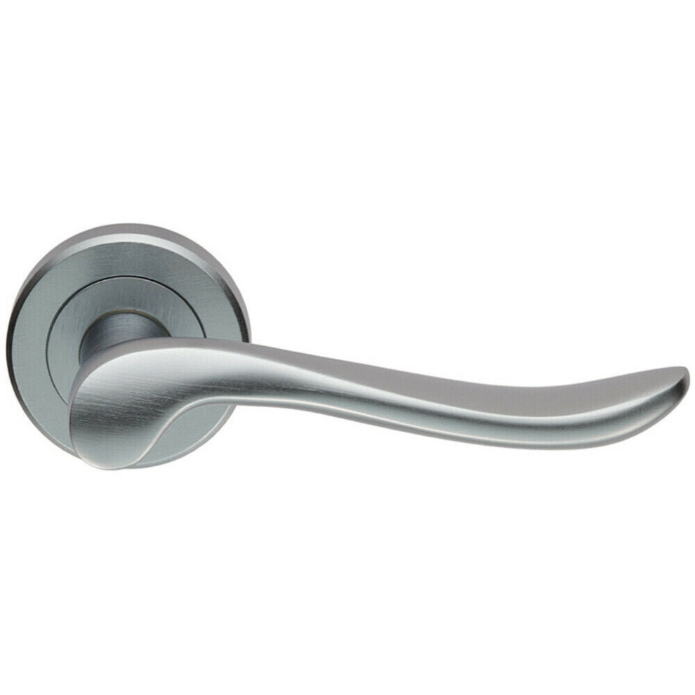 Pair Scroll Shaped Lever Handle On Round Rose Concealed Fix Satin Chrome 5056492576481