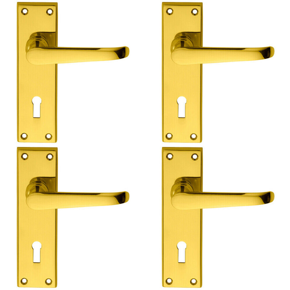 4x PAIR Straight Victorian Handle on Lock Backplate 150 x 42mm Polished Brass