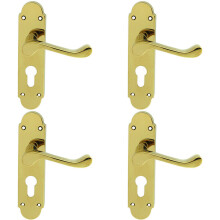 4x PAIR Victorian Upturned Lever on Euro Lock Backplate 170 x 42 Polished Brass