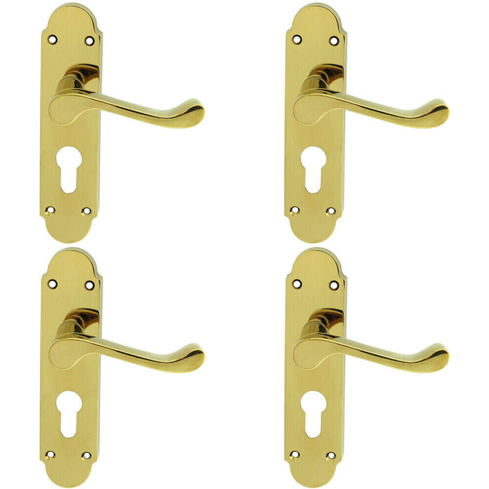 Loops 4X Pair Victorian Upturned Lever On Euro Lock Backplate 170 X 42 Polished Brass
