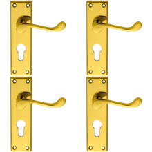 4x PAIR Victorian Scroll Lever on Euro Lock Backplate 150 x 43mm Polished Brass
