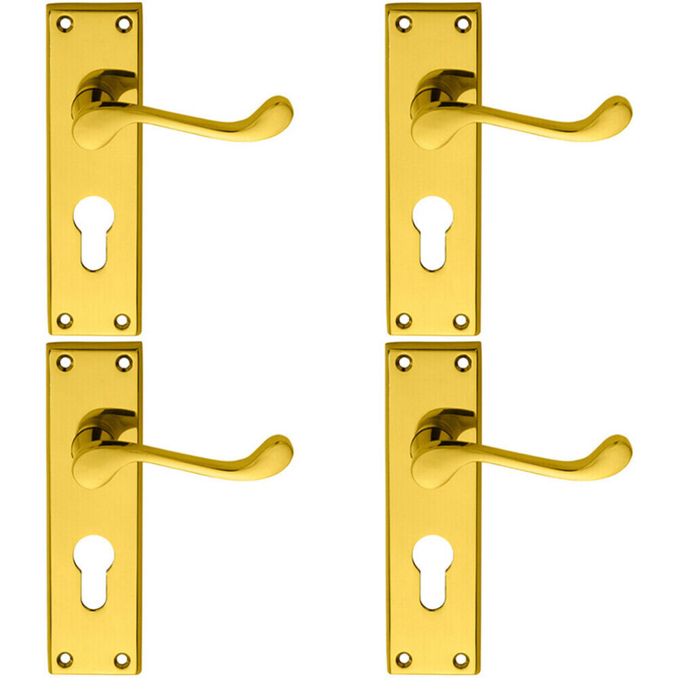 4X Pair Victorian Scroll Lever On Euro Lock Backplate 150 X 43Mm Polished Brass 5056524208090