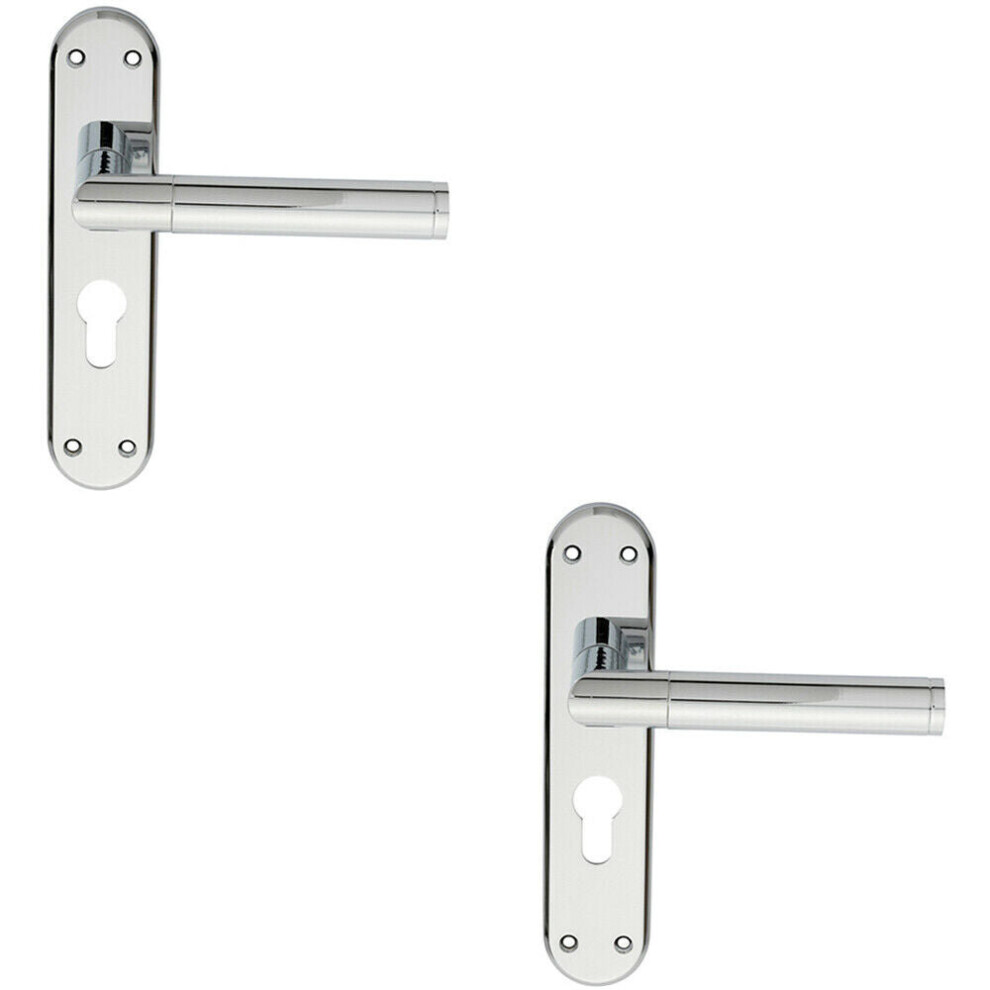 2X Round Bar Lever On Euro Lock Backplate Door Handle 180 X 40Mm Polished Chrome 5056492595284