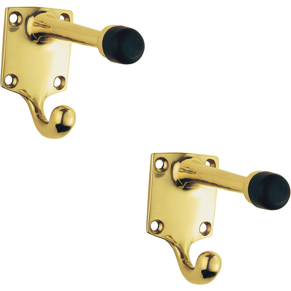 Loops 2X One Piece Hat & Coat Hook With Rubber Buffer 88Mm Projection Polished Brass