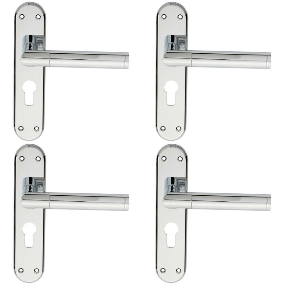 4x Round Bar Lever on Euro Lock Backplate Door Handle 180 x 40mm Polished Chrome