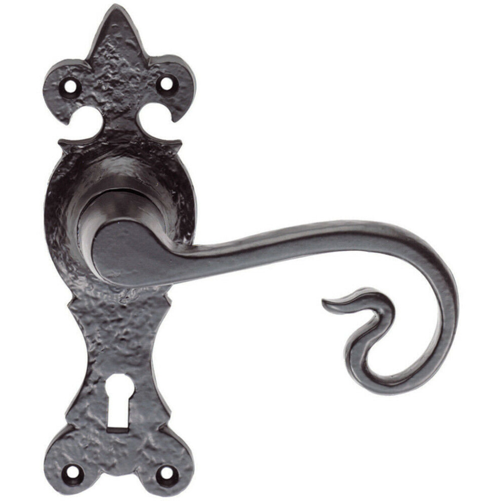 PAIR Forged Curled Lever Handle on Lock Backplate 167 x 51mm Black Antique