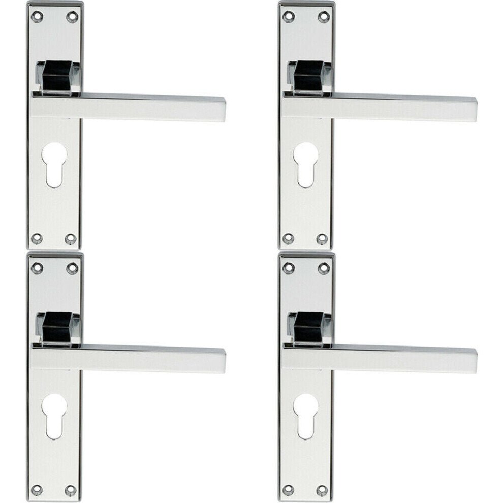 4x PAIR Straight Square Lever on Euro Lock Backplate 180 x 40mm Polished Chrome