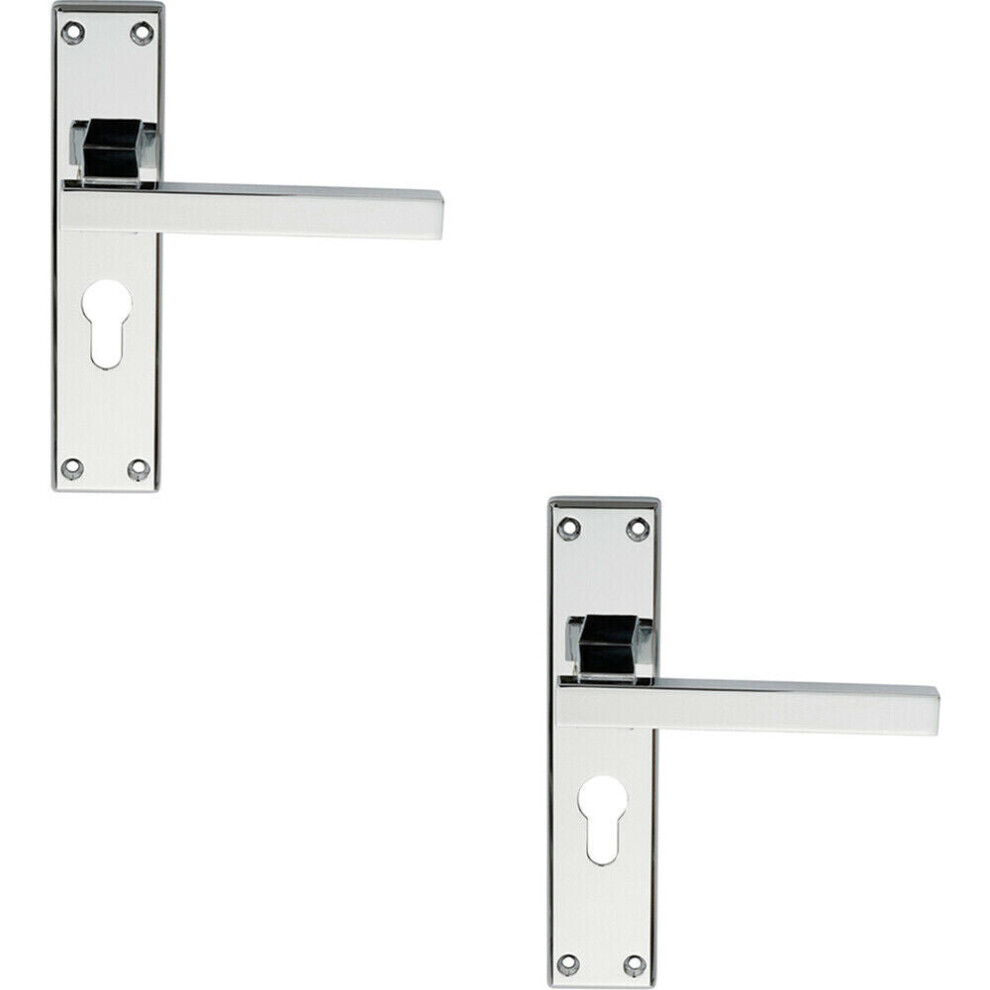 2x PAIR Straight Square Lever on Euro Lock Backplate 180 x 40mm Polished Chrome