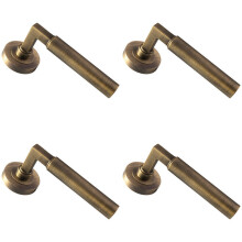 4x PAIR Straight Round Bar Handle on Round Rose Concealed Fix Antique Brass