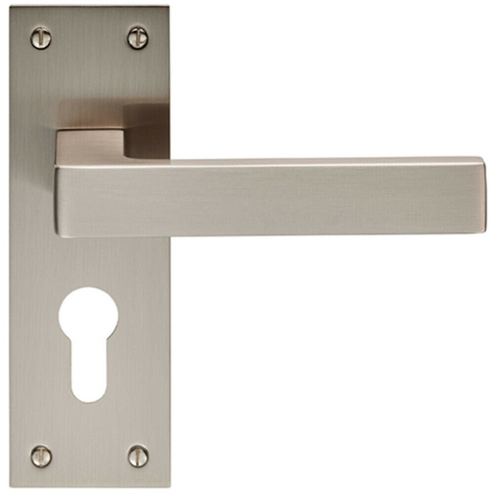 PAIR Straight Square Handle on Euro Lock Backplate 150 x 50mm Satin Nickel