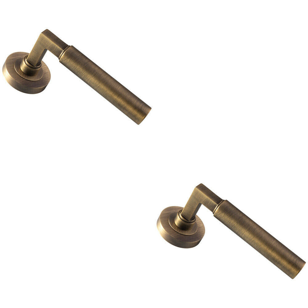 2x PAIR Straight Round Bar Handle on Round Rose Concealed Fix Antique Brass